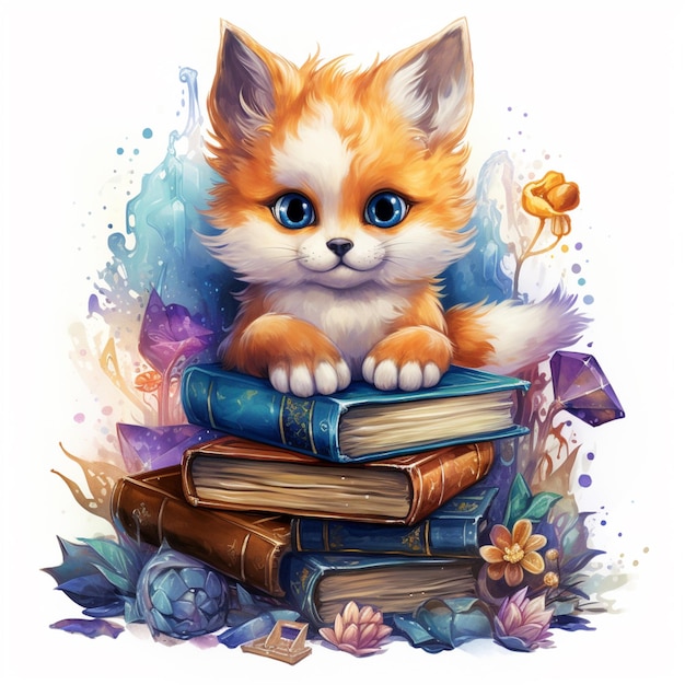 Il y a un chat assis sur une pile de livres avec des fleurs.