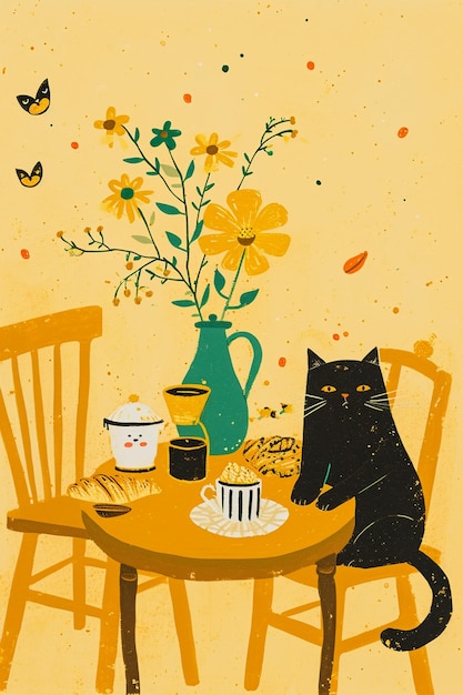 il y a un chat assis à une table avec une tasse de café ai génératif