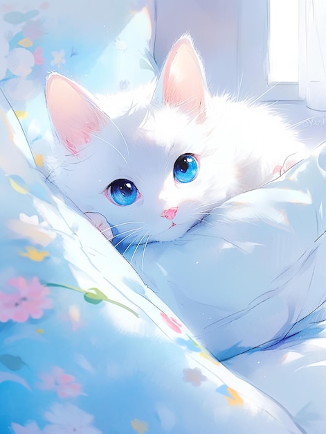 Il y a un chat blanc allongé sur un lit avec un oreiller générative ai