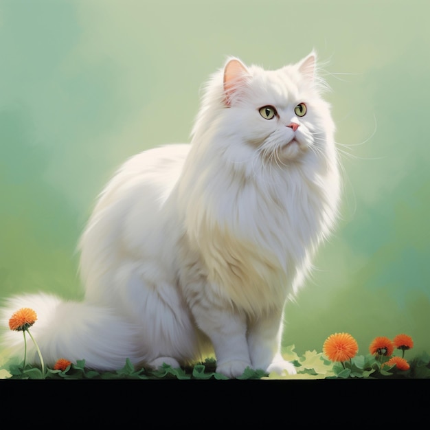 Il y a un chat blanc assis sur l'herbe avec des fleurs génératives ai