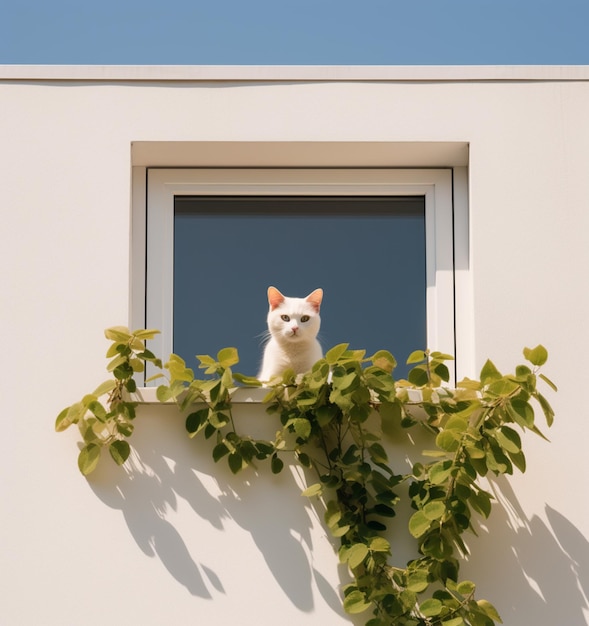 Il y a un chat blanc assis sur un seuil de fenêtre.