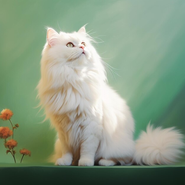 Il y a un chat blanc assis sur une table avec une fleur générative ai