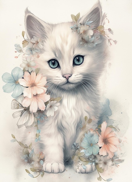 Il y a un chat blanc aux yeux bleus et des fleurs dessus ai générative