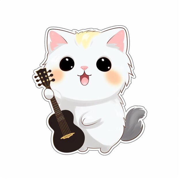 Il y a un chat blanc avec une guitare sur ses genoux.