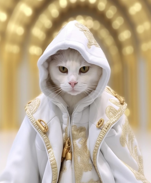 Il y a un chat blanc portant une veste blanche et des garnitures en or.