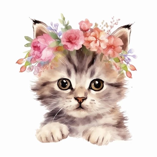 Il y a un chat avec une couronne de fleurs sur sa tête ai générative