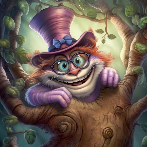 il y a un chat avec des lunettes et un chapeau sur un arbre ai génératif