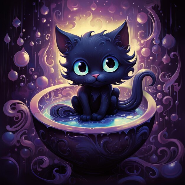 Photo il y a un chat noir assis dans un bol avec des bulles génératives.
