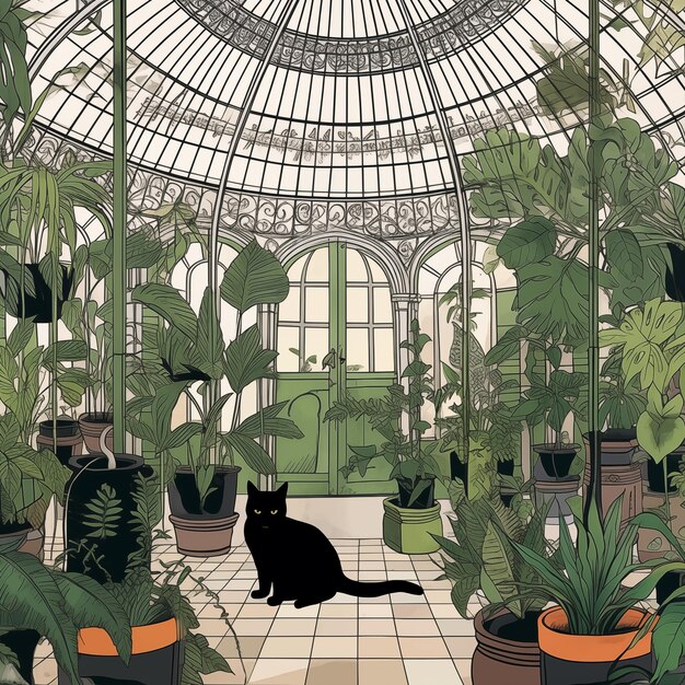 Photo il y a un chat noir assis dans une serre avec des plantes en pot ai générative