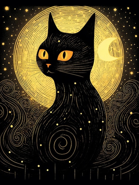 Il y a un chat noir assis devant une lune pleine générative ai