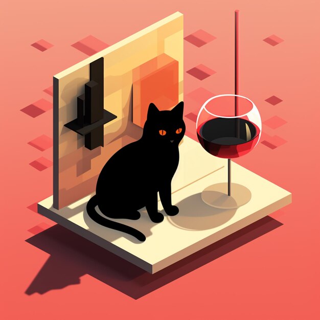 Photo il y a un chat noir assis sur une table à côté d'un verre de vin.