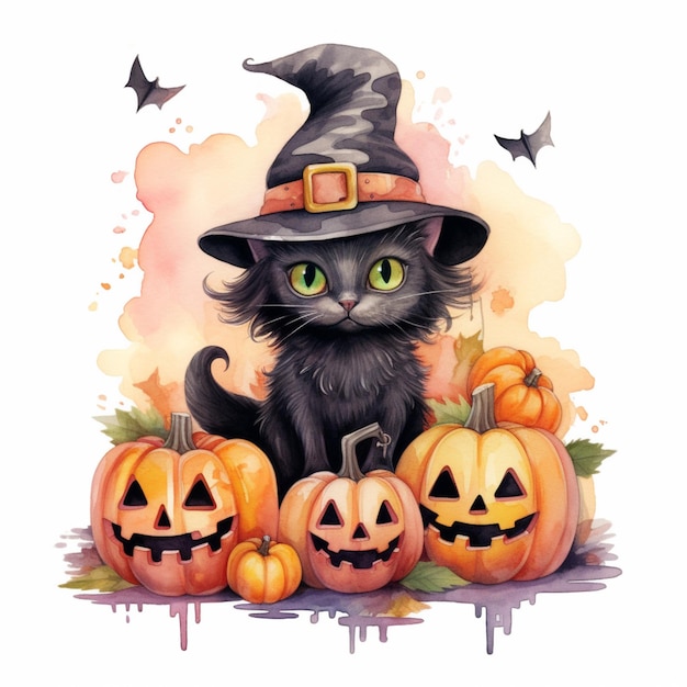 Il y a un chat noir portant un chapeau de sorcière et assis à côté de citrouilles générative ai