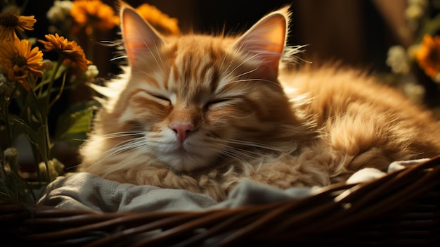 Il y a un chat qui dort dans un panier.