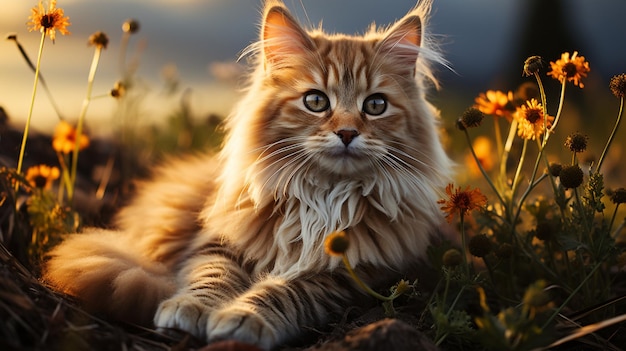 Il y a un chat qui est assis dans l'herbe