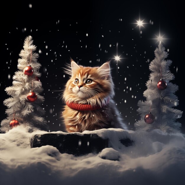 Il y a un chat qui est assis dans la neige près d'un arbre de Noël génératif ai