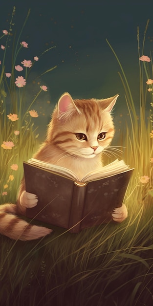 Il y a un chat qui lit un livre dans l'herbe générative ai