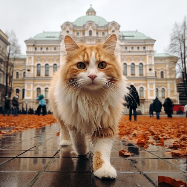 Il y a un chat qui marche sur un sol carrelé.