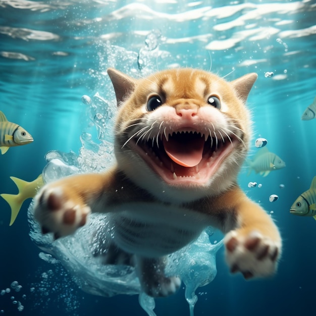 Il y a un chat qui nage dans l'eau avec des poissons génératifs ai