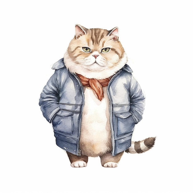 Il y a un chat qui porte une veste et un foulard.