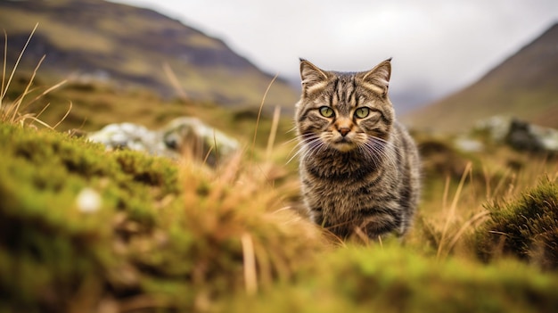 Il y a un chat qui se promène dans l'herbe générative ai