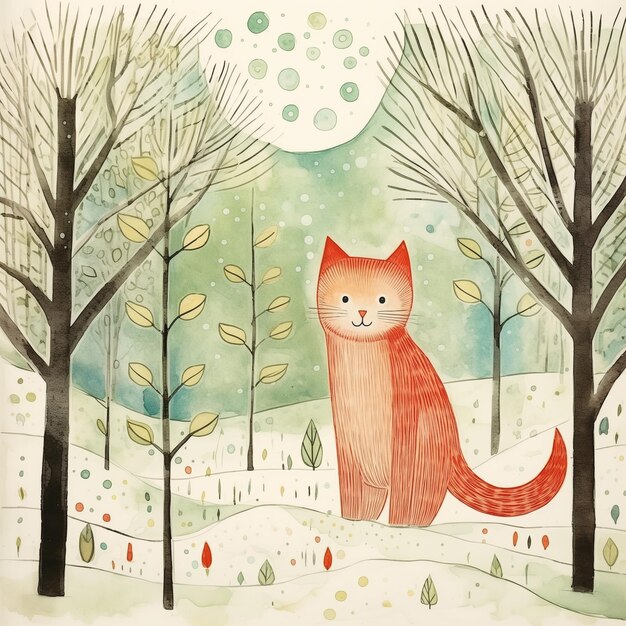 Il y a un chat qui se tient dans la neige près des arbres génératifs ai