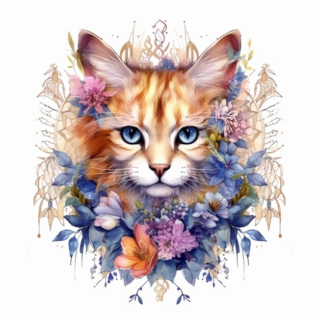 Il y a un chat avec des yeux bleus et des fleurs dessus.