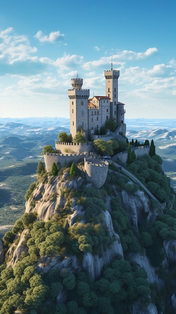 il y a un château sur une montagne avec un fond de ciel ai génératif