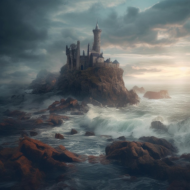 Il y a un château sur un rocher au milieu de l'océan ai génératif