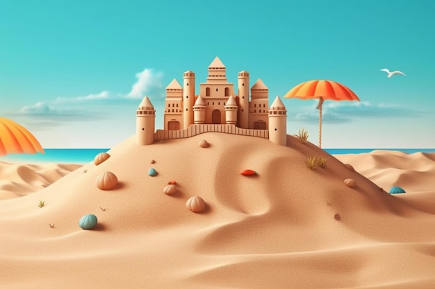 Il y a un château de sable sur la plage avec un parapluie génératif ai