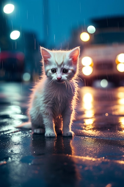 il y a un chaton blanc debout dans la rue sous la pluie ai générative