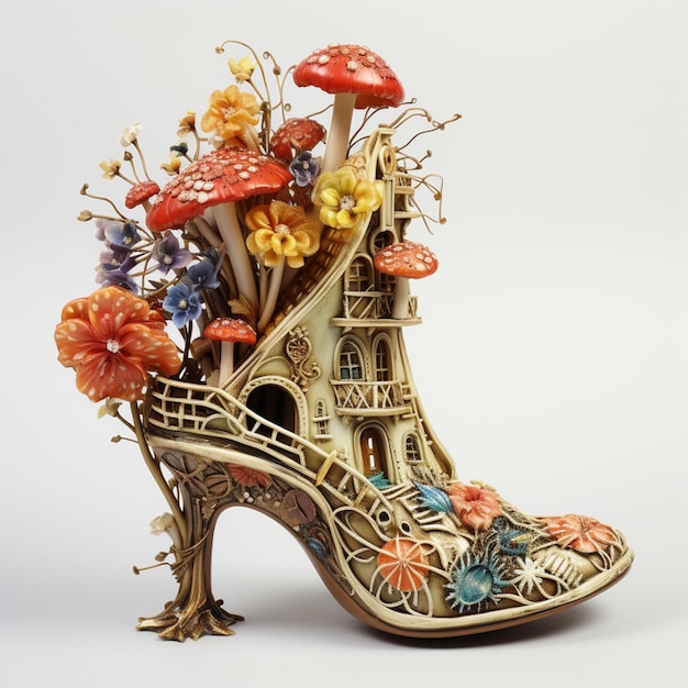 Il y a une chaussure avec une maison faite de fleurs et de champignons générative ai