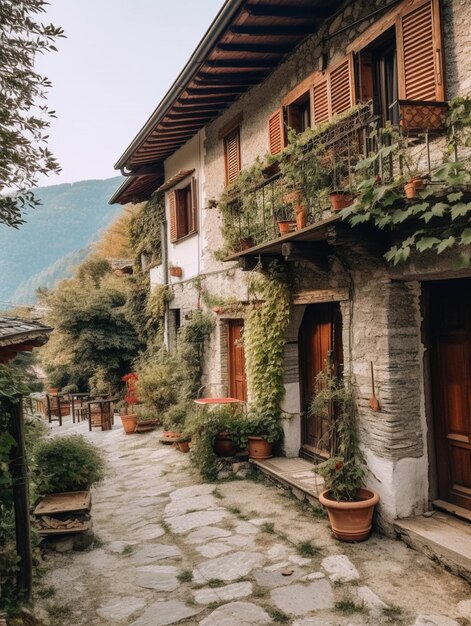 Il y a un chemin de pierre avec des plantes en pot et un bâtiment générative ai