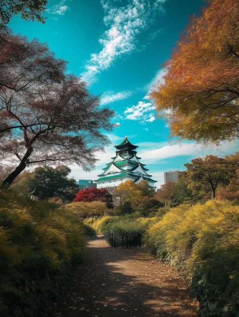 Il y a un chemin qui mène à une pagode au milieu du parc.