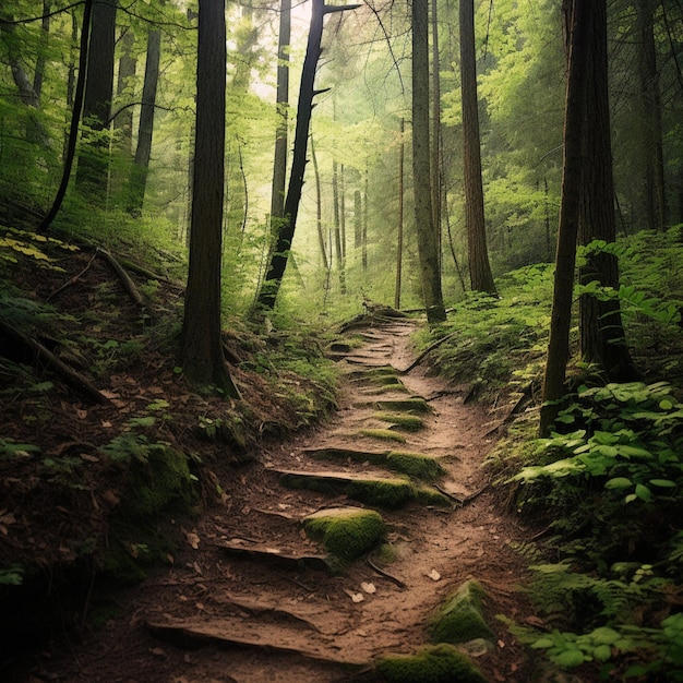 Photo il y a un chemin qui passe à travers les bois avec de la mousse sur le sol générative ai