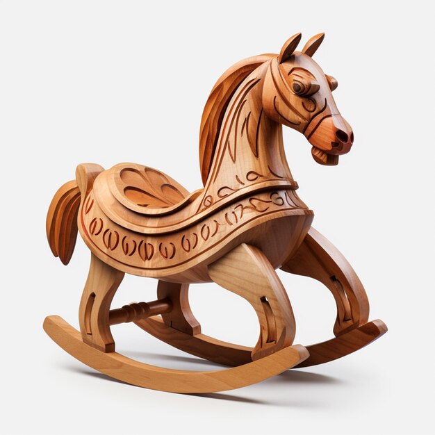 Il y a un cheval à bascule en bois avec une tête de cheval sculptée.