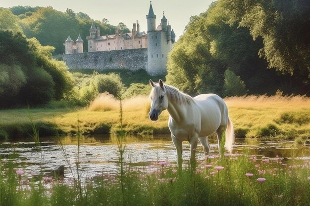 Il y a un cheval blanc debout dans un champ à côté d'une rivière générative ai