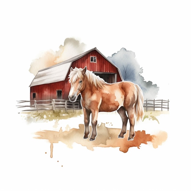 Il y a un cheval debout devant une grange dans une ferme ai générative