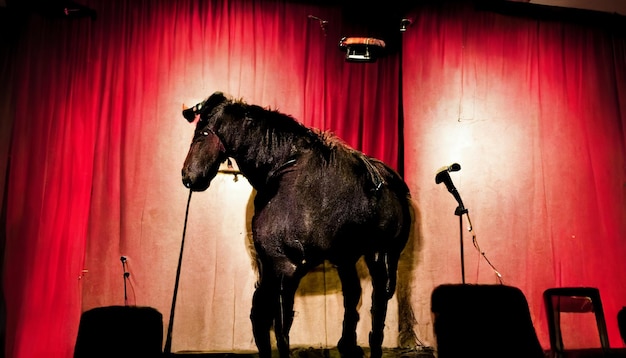 il y a un cheval debout sur une scène avec un microphone ai génératif