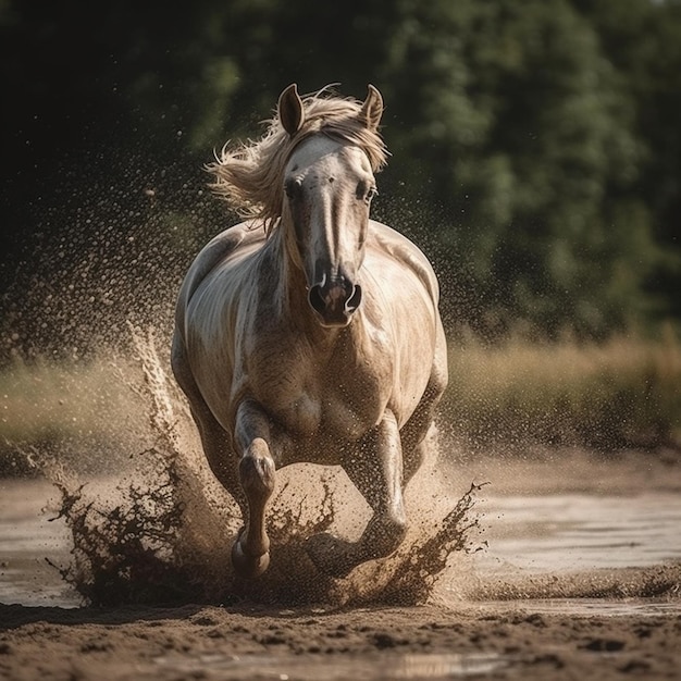 Il y a un cheval qui court dans la boue dans le champ ai générative