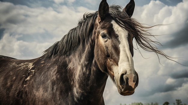 Il y a un cheval qui se tient debout dans l'herbe avec un ciel nuageux en arrière-plan ai générative