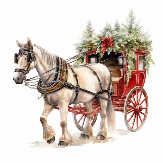 Il y a un cheval qui tire une voiture avec un arbre de Noël sur le dessus.