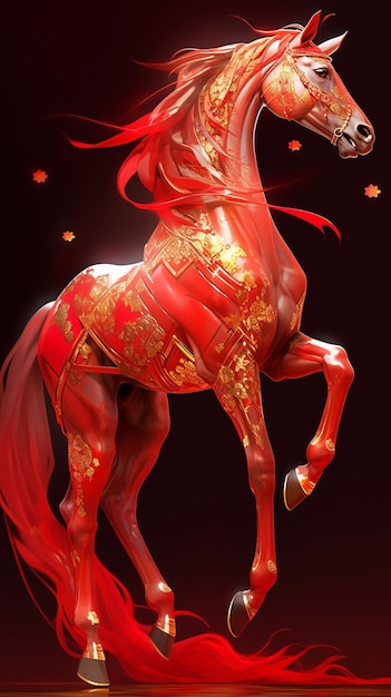 Il y a un cheval rouge avec des décorations dorées sur son dos ai générative