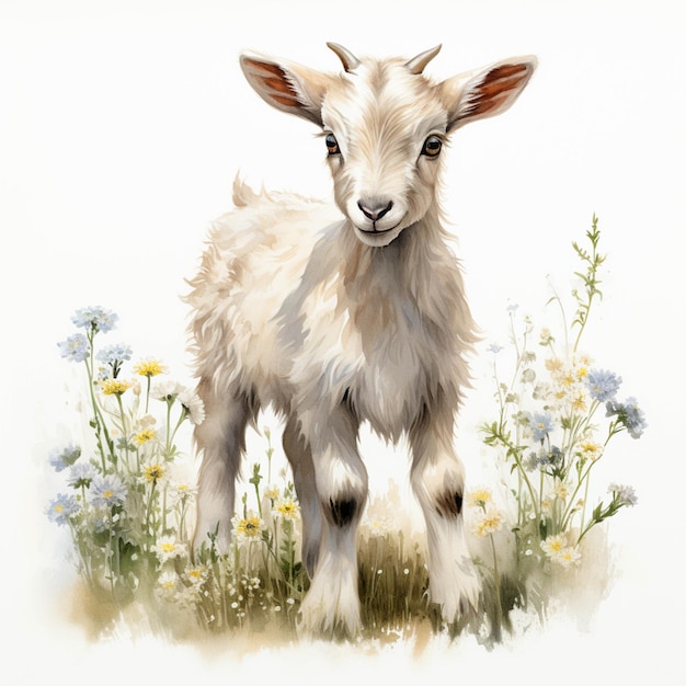 Il y a une chèvre debout dans l'herbe avec des fleurs en arrière-plan ai générative