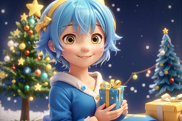 Il y a une chibi qui porte un bandeau bleu sur ses cheveux courts jaunes sourire de Noël cadeau d'arbre de Noël