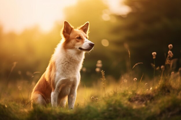 il y a un chien assis dans l'herbe qui regarde quelque chose de génératif ai