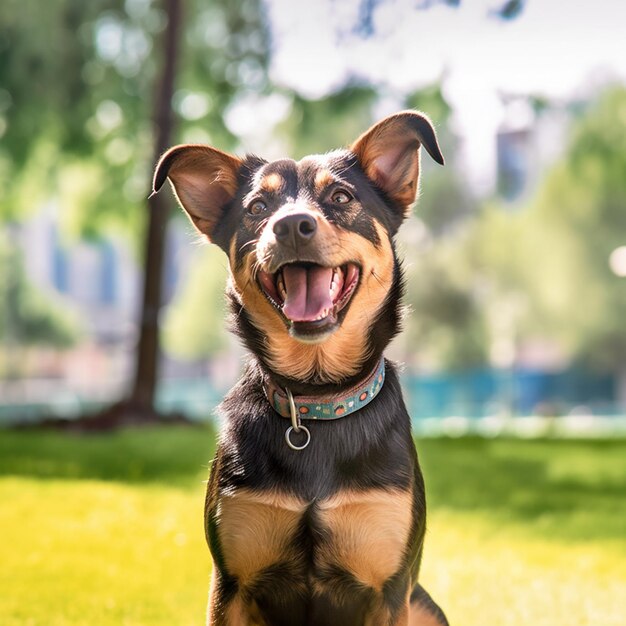 Il y a un chien assis sur l'herbe dans le parc.