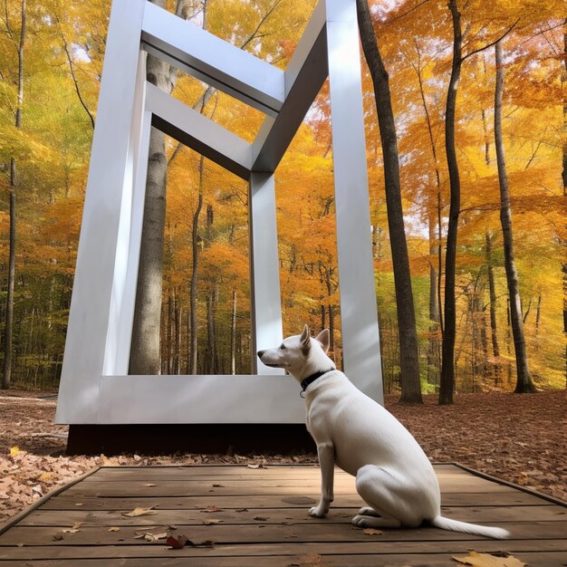 Photo il y a un chien assis sur une plate-forme en bois devant une sculpture ai générative