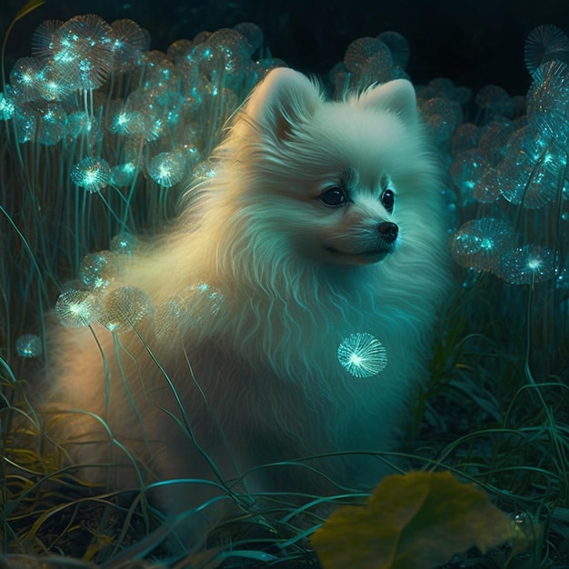 Il y a un chien blanc assis dans l'herbe avec des fleurs brillantes générative ai