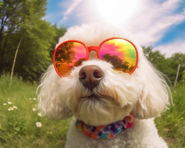 Il y a un chien blanc portant des lunettes de soleil et un collier coloré ai génératif