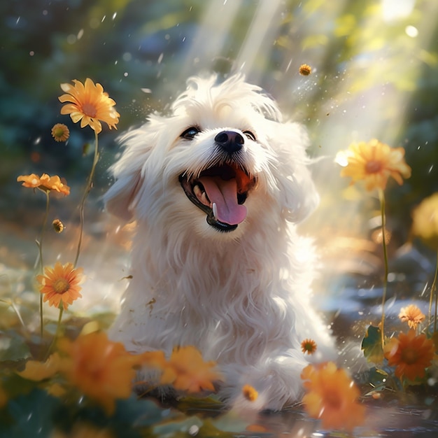 il y a un chien blanc qui est assis dans l'herbe ai génératif